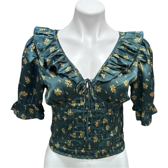 Free People Isabella Silky Floral Blouse in Jewel Forest Ruffle Detail - Picture 4 of 11